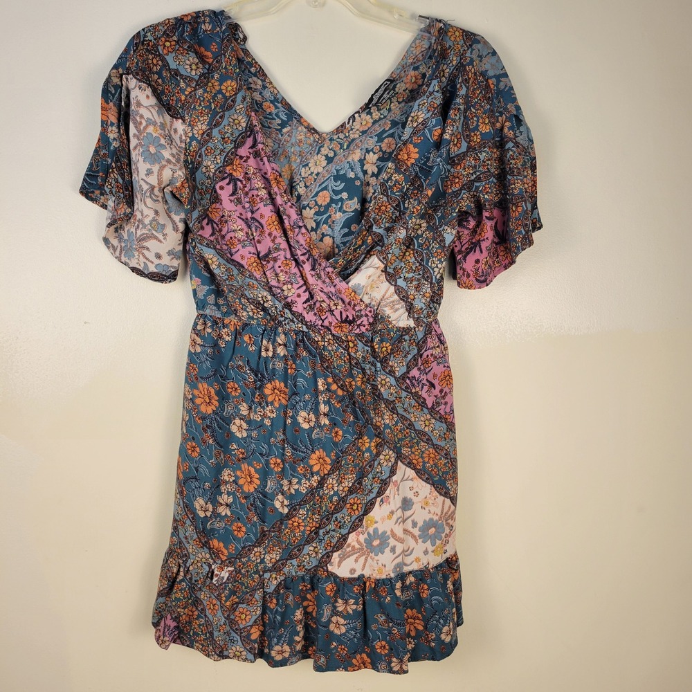 Angie Womens Boho Patchwork Floral Ruffle Mini Dress Blue Pink Size Medium
